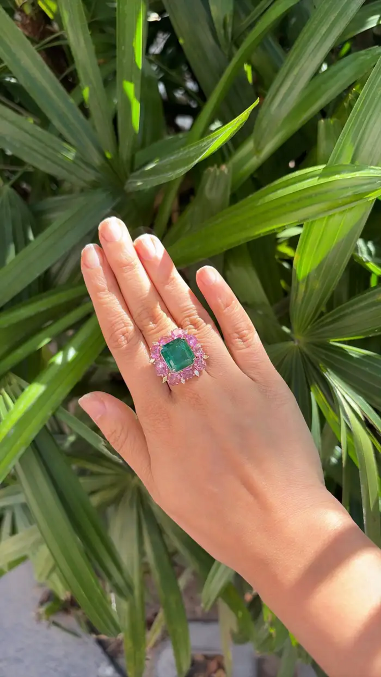 18k Two Tone Gold Ring - Natural Zambian Emerald, Pink Sapphire & Diamond Cocktail Ring