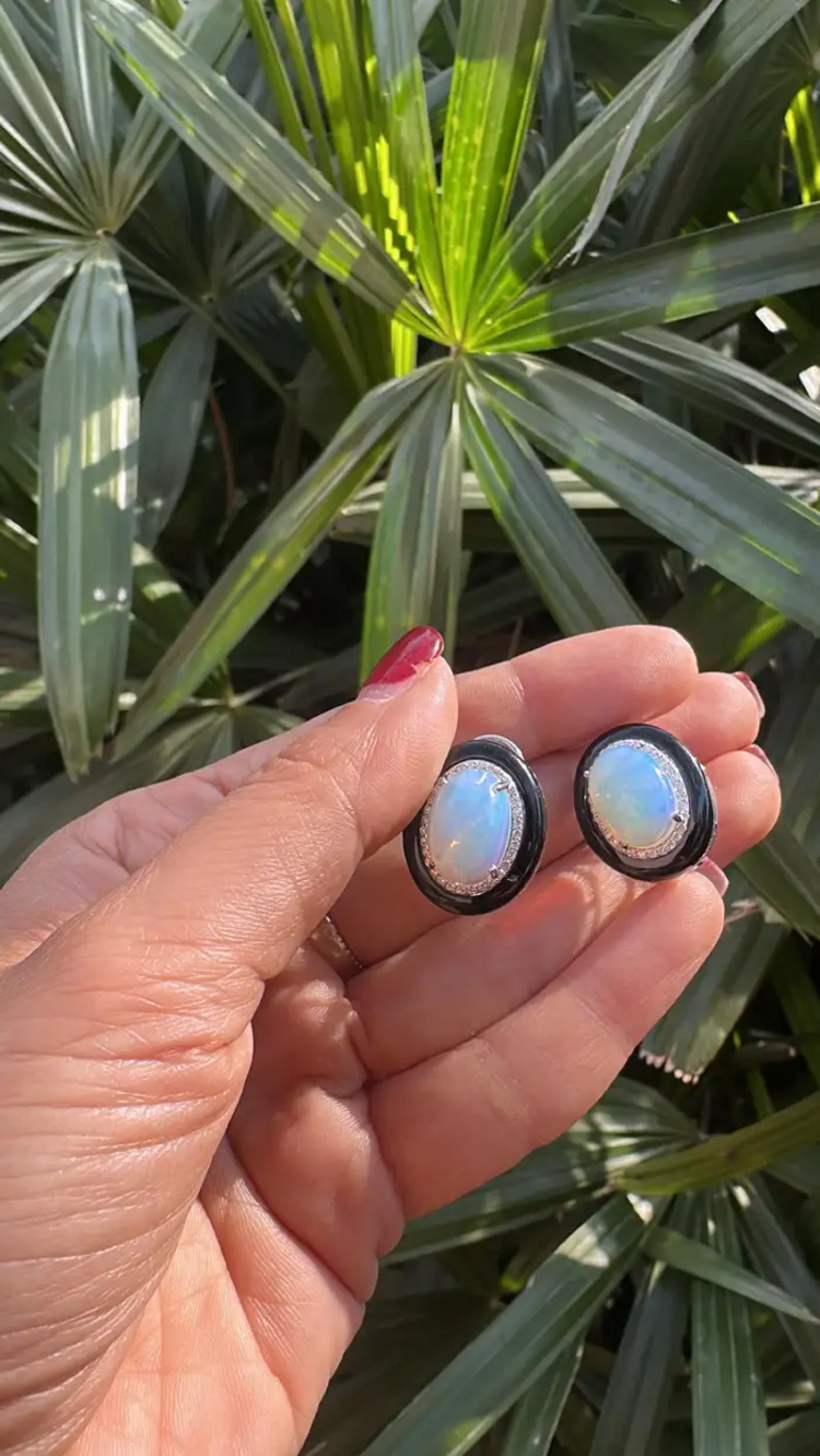 Natural Ethiopian Opal & Black Onyx Stud Earrings - 18k White Gold Diamond Stud Earrings