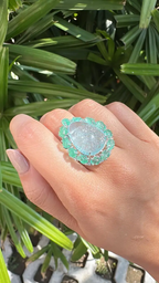 Carved Aquamarine & Zambian Emerald Cocktail Ring - 18k White Gold Handmade Diamond Ring