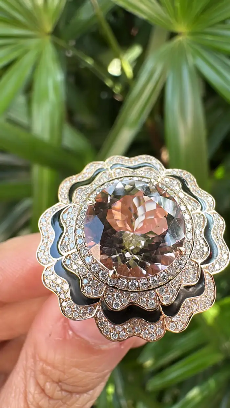 18k Rose Gold Diamond Cocktail Ring - Natural Morganite & Black Enamel Wedding Ring