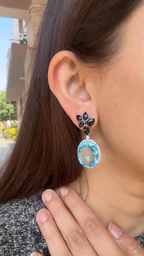 52.67 Ct. Blue Topaz & Black Onyx Gemstone Dangle Earrings - 18k White Gold Diamond Earrings