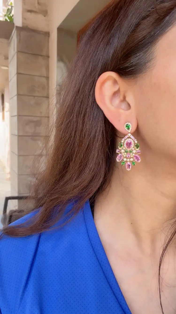 Natural Pink Sapphire & Tsavorite Dangle Earrings - 18k Yellow Gold Diamond Earrings