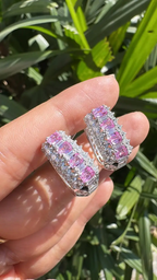 18k White Gold Diamond Hoop Earrings - Natural Pink Sapphire Huggie Hoop Earring