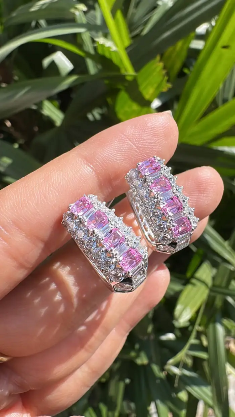 18k White Gold Diamond Hoop Earrings - Natural Pink Sapphire Huggie Hoop Earring