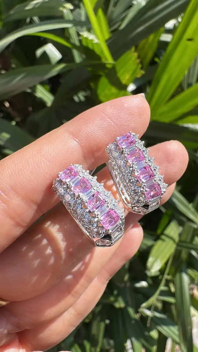 18k White Gold Diamond Hoop Earrings - Natural Pink Sapphire Huggie Hoop Earring Main Image