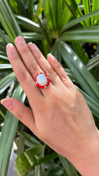 Natural Ethiopian Opal & Red Enamel Ring - 18k White Gold Diamond Cocktail Ring