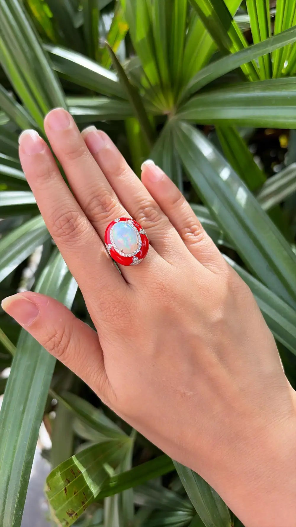 Natural Ethiopian Opal & Red Enamel Ring - 18k White Gold Diamond Cocktail Ring