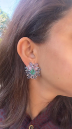 Natural Colombian Emerald & Blue Sapphire Floral Stud Earrings - 18k White Gold Diamond Earrings