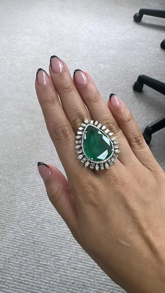 18k White Gold Diamond Ring - Natural Zambian Emerald Cocktail Ring Main Image