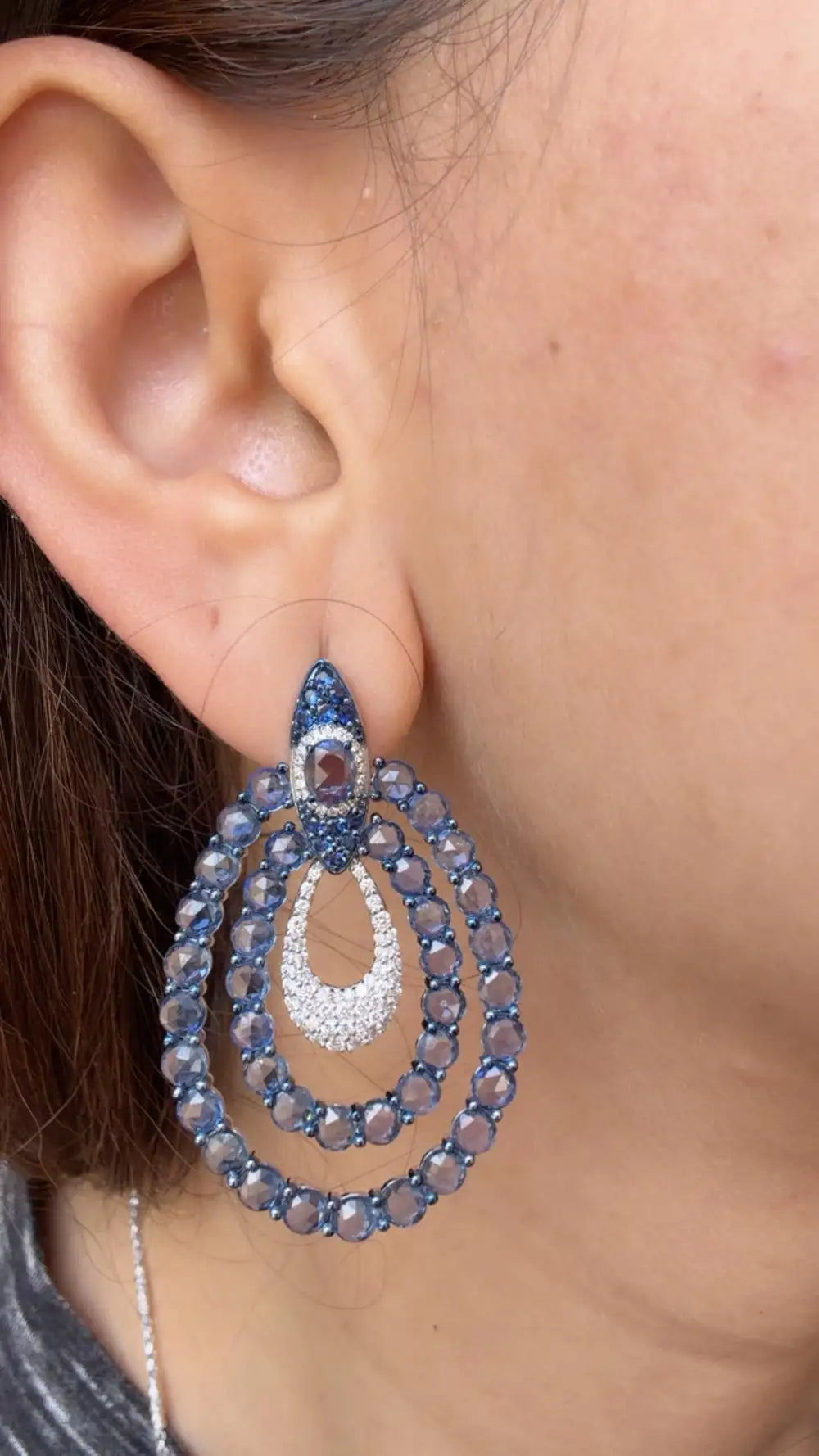 18k White Gold Diamond Dangle Earrings - Natural Blue Sapphire Gemstone Earrings