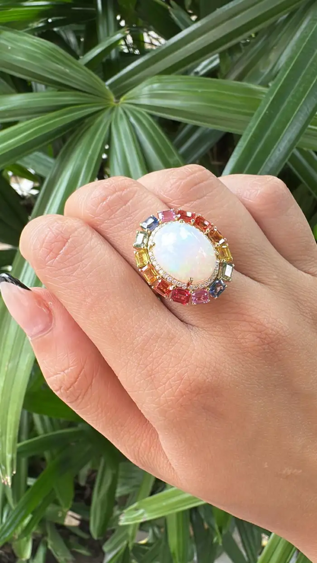 Ethiopian Opal & Multi Sapphire Cocktail Ring - 18k Gold Diamond Wedding Ring Main Image
