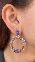 18k White Gold Diamond Dangle Earrings - Natural Tanzanite & Multi Sapphire Earrings