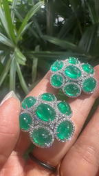 18k White Gold Diamond Stud Earrings - Natural Zambian Emerald Cabochons Earrings