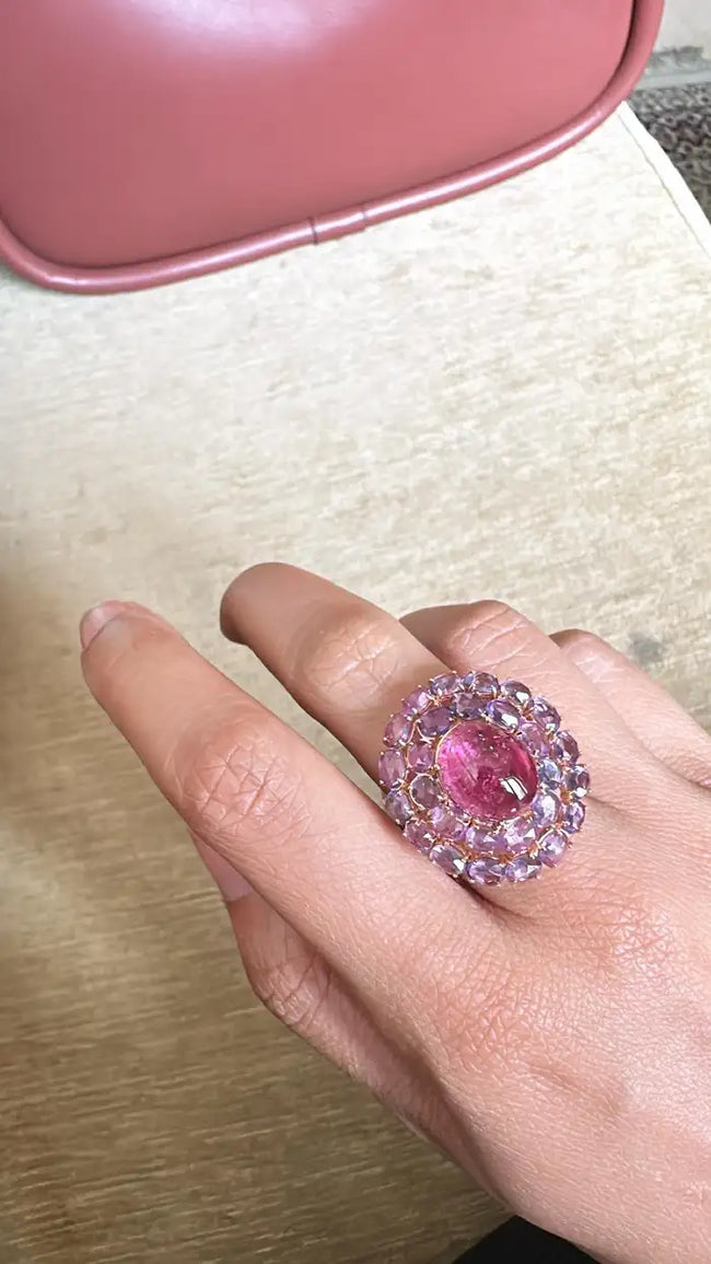 18K Gold, 8.13 carats, Tourmaline, Multi Sapphire & Diamond Cocktail Ring Main Image