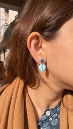 Natural Blue Sapphire & Turquoise Enamel Stud Earrings - 18k White Gold Diamond Earrings