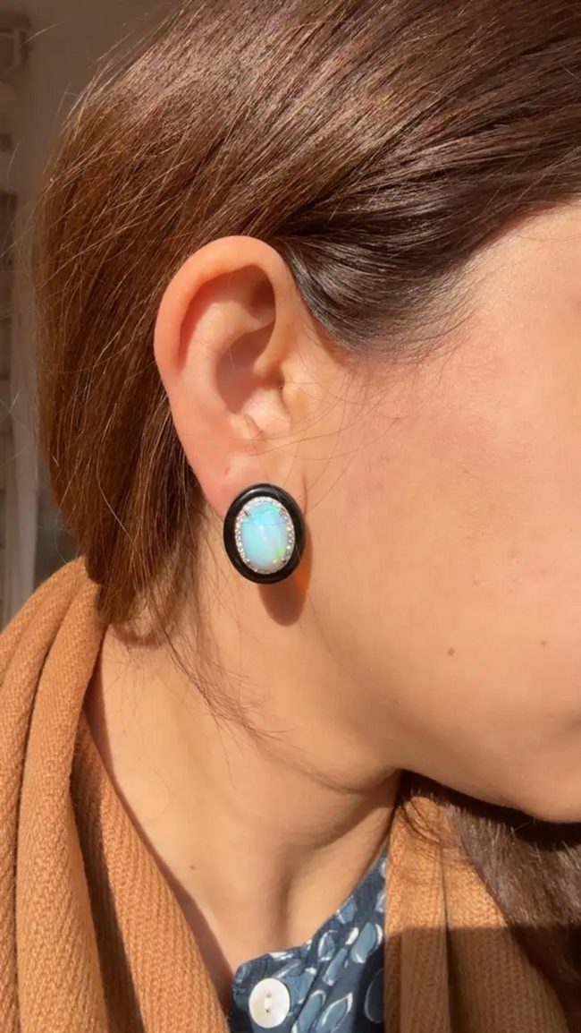 Natural Ethiopian Opal & Black Onyx Stud Earrings - 18k White Gold Diamond Stud Earrings Main Image