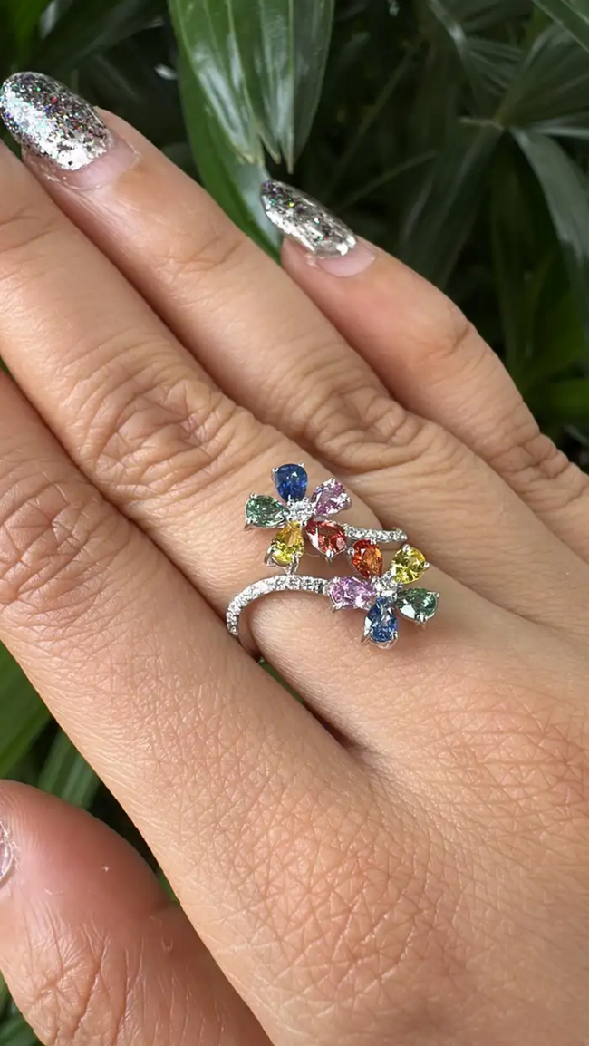Natural Multi Sapphire Engagement Ring - 18k White Gold Diamond Ring Main Image