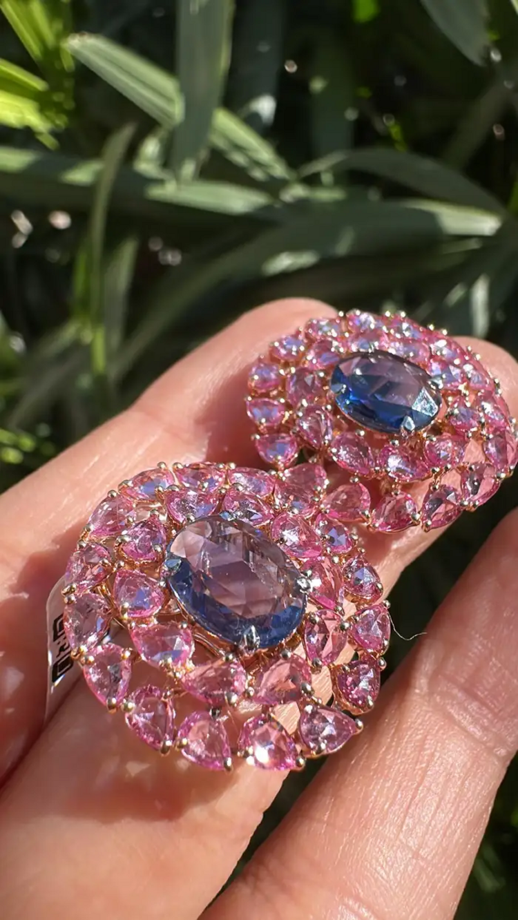 18k Rose Gold Stud Earrings - Natural Pink & Blue Sapphire Gemstone Stud Earrings
