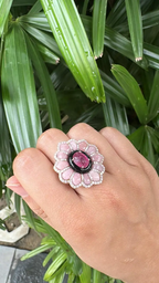 18k Yellow Gold Diamond Ring - Natural Tourmaline, Pink Opal & Black Onyx Cocktail Ring