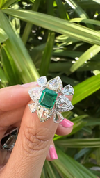 Natural Rose Cut Diamond Cocktail Ring - 18k White Gold Zambian Emerald Wedding Ring