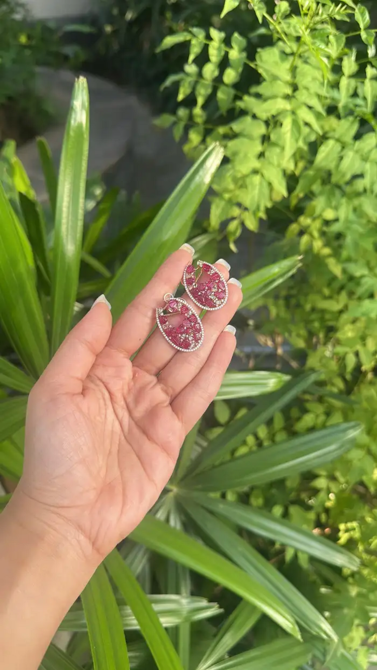 Carved Mozambique Ruby Hoop Earrings - 18k Rose Gold Diamond Earrings