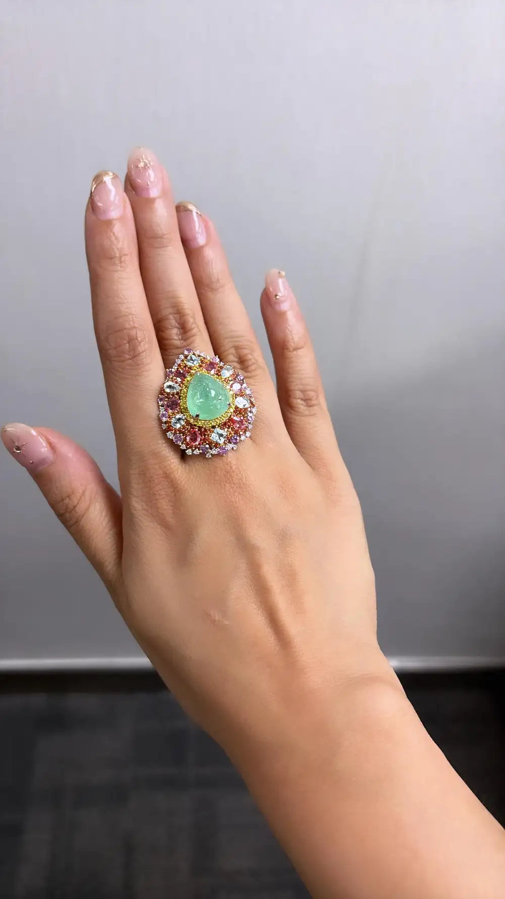 18k White Gold Diamond Handmade Cocktail Ring - Natural Paraiba Tourmaline & Multi Sapphire Gemstone Ring