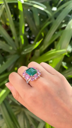 18k Two Tone Gold Ring - Natural Zambian Emerald, Pink Sapphire & Diamond Cocktail Ring