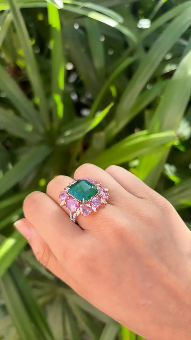 18k Two Tone Gold Ring - Natural Zambian Emerald, Pink Sapphire & Diamond Cocktail Ring Main Image