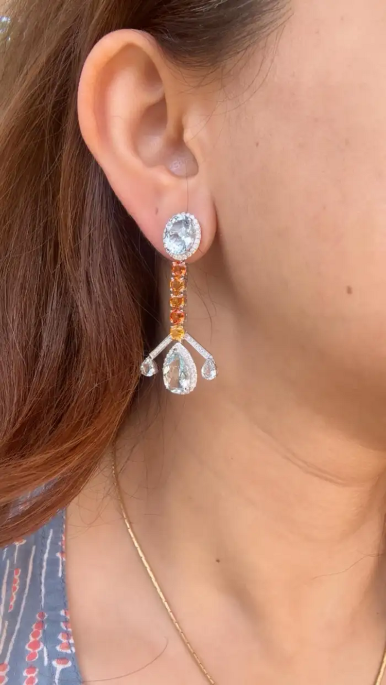 18k White Gold Diamond Handmade Earrings - Natural Aquamarine & Yellow Sapphire Dangle Earrings
