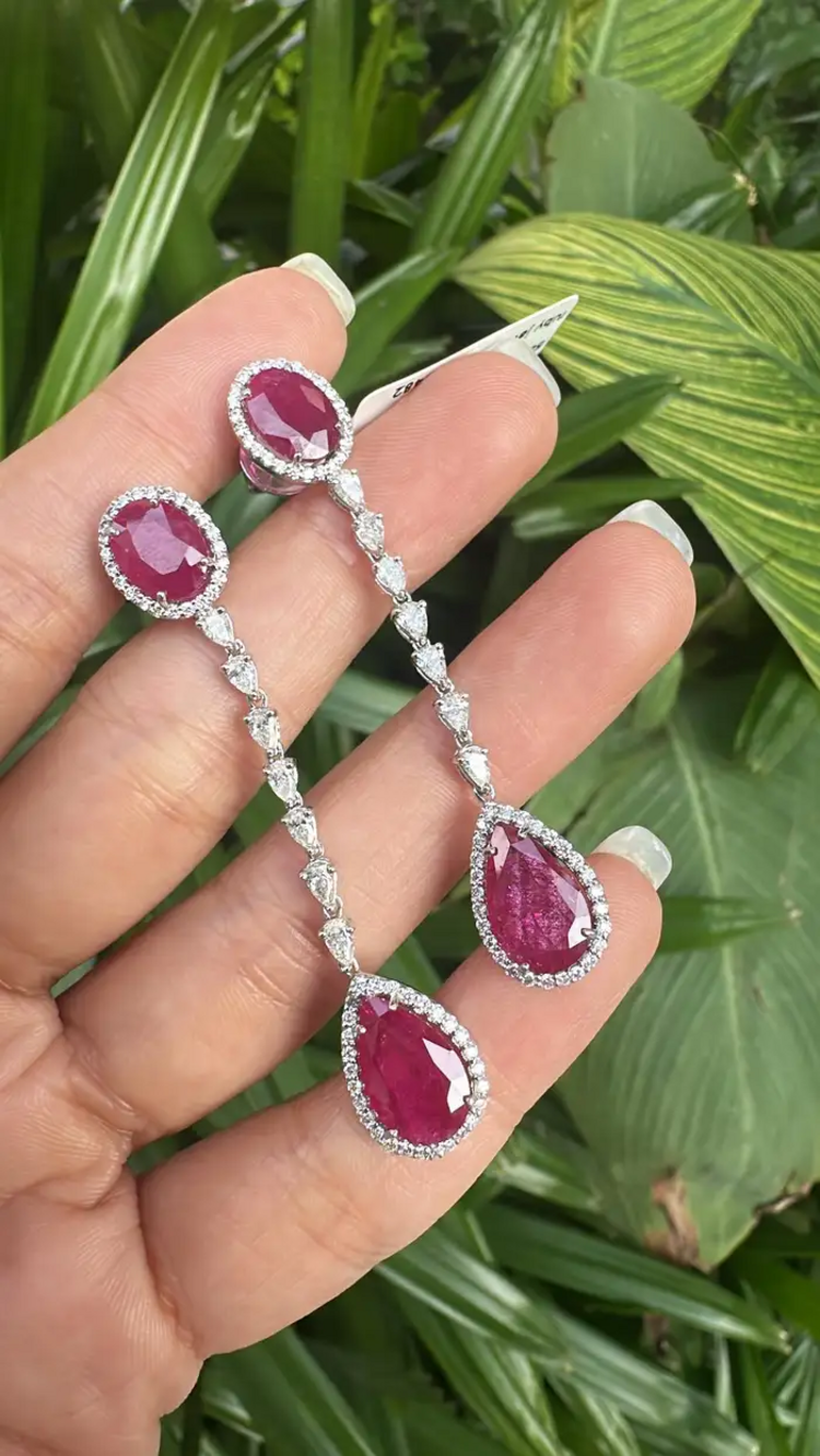 Natural Ruby & Diamond Dangle Earrings - 18k White Gold Chandelier Earrings
