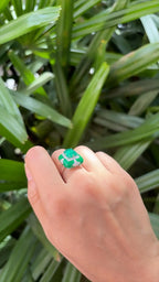 Natural Emerald Gemstone & Green Enamel Cocktail Ring - 18k White Gold Diamond Ring