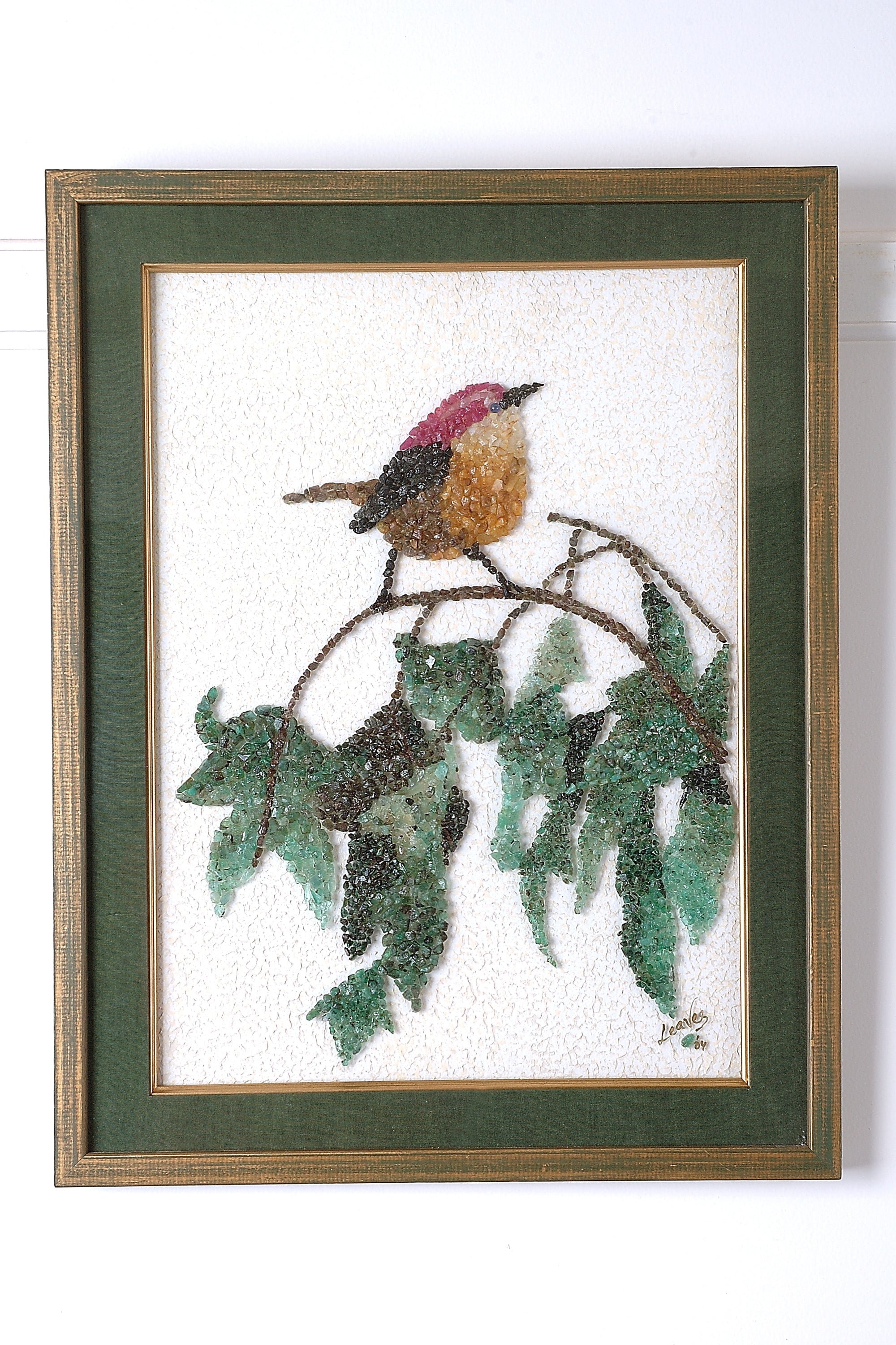 Vibrant Perch: Handcrafted 3D Gemstone Avian Mosaic