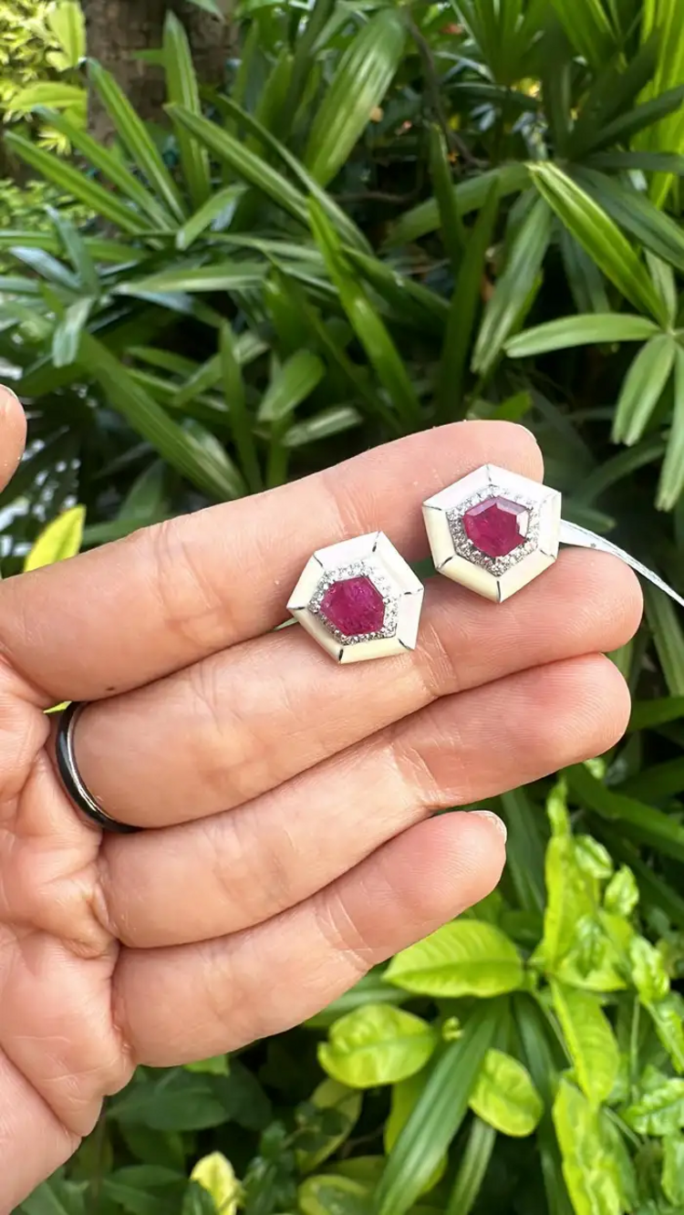 18k White Gold Handmade Minimalist Stud Earrings - Natural Mozambique Ruby White Enamel Earrings - Gold Diamond Earrings