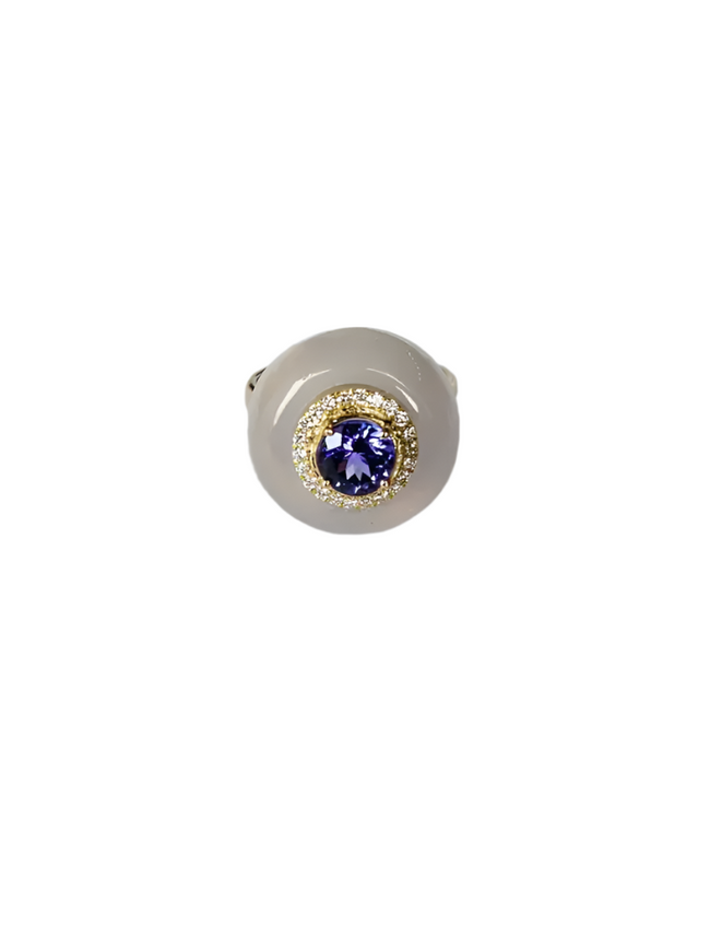 Natural Tanzanite & Chalcedony Gold Ring - 18k Yellow Gold Diamond Cocktail Ring Hover Image