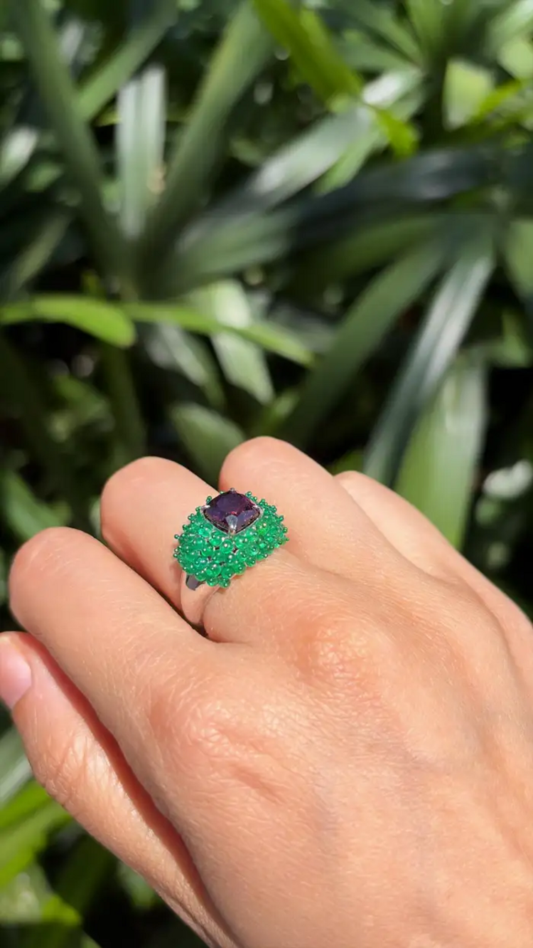 Natural Tourmaline & Emerald Cocktail Ring - 18k White Gold Ring
