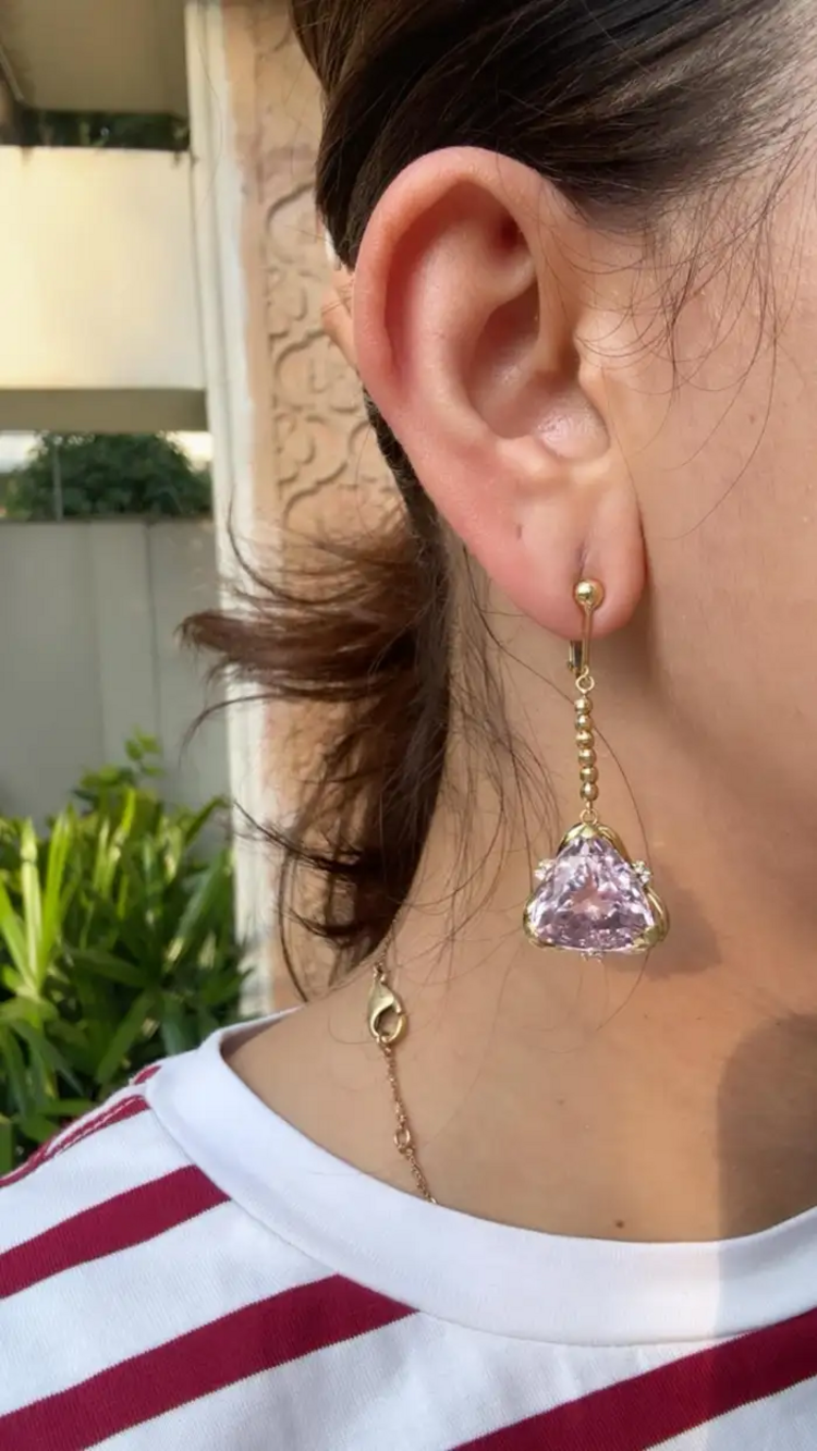 Natural Kunzite & Diamond Dangle Earrings - 18k Yellow Gold Dangle Earrings