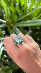 Natural Aquamarine & Green Enamel Cocktail Ring - 18k White Gold Diamond Handmade Ring