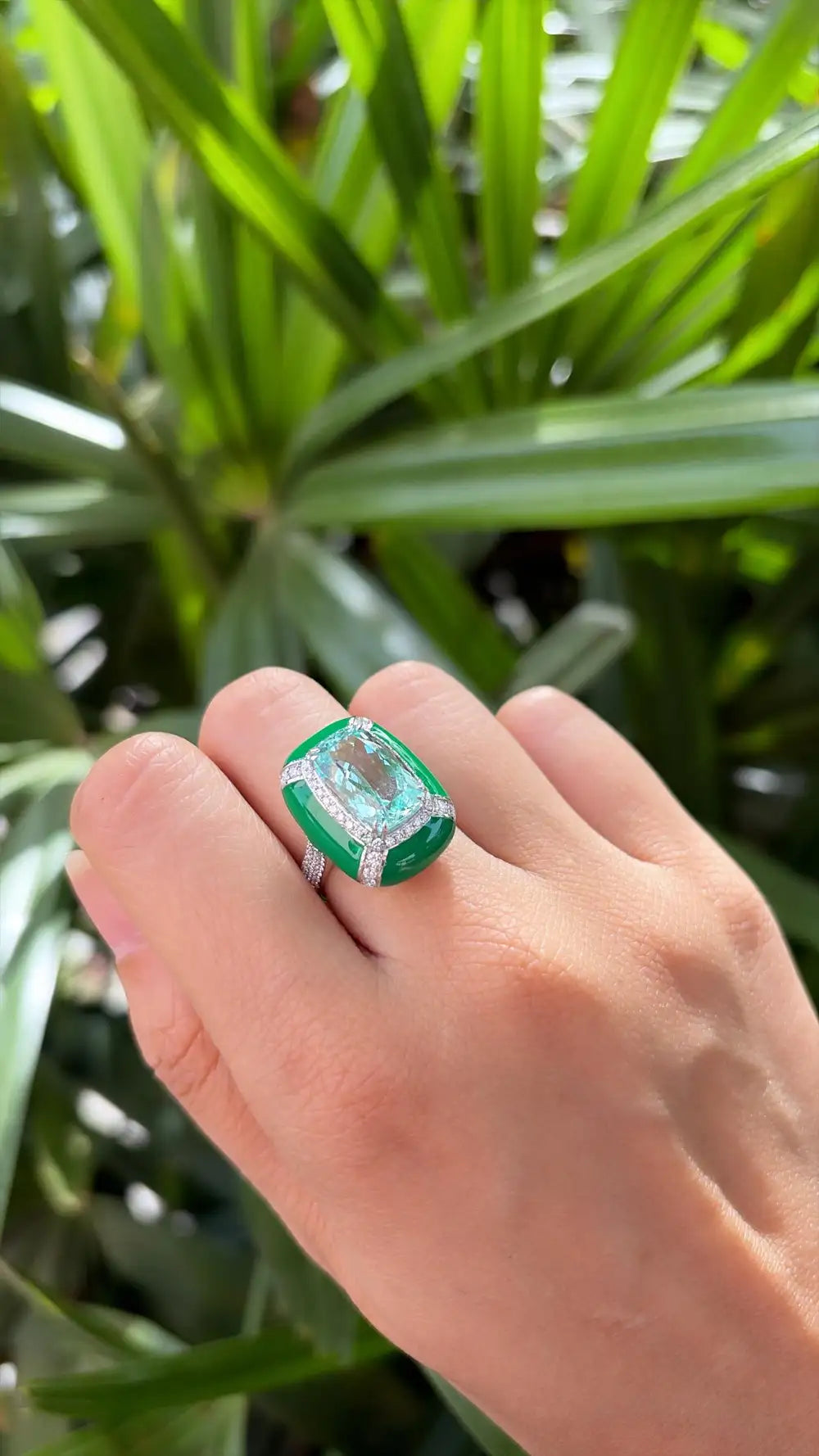 Natural Aquamarine & Green Enamel Cocktail Ring - 18k White Gold Diamond Handmade Ring