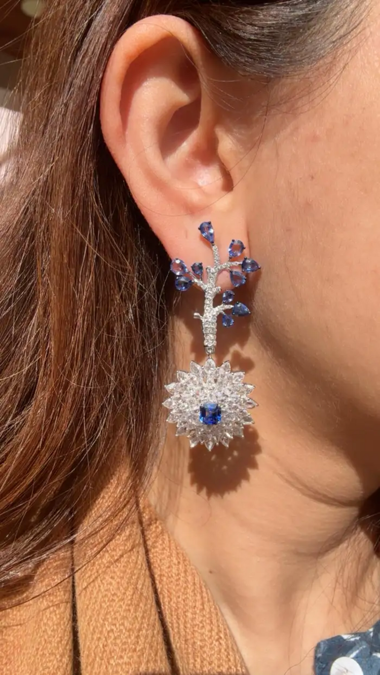 Natural Blue Sapphire Dangle Earrings - 18k White Gold Rose Cut Diamond Handmade Chandelier Earrings