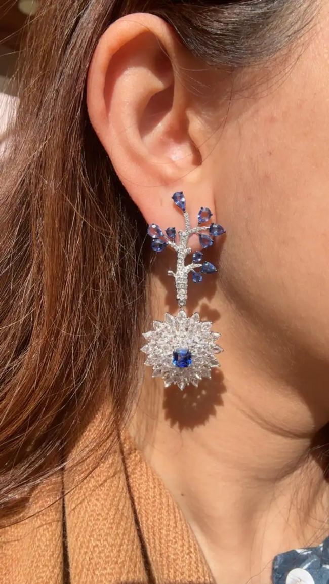 Natural Blue Sapphire Dangle Earrings - 18k White Gold Rose Cut Diamond Handmade Chandelier Earrings Main Image