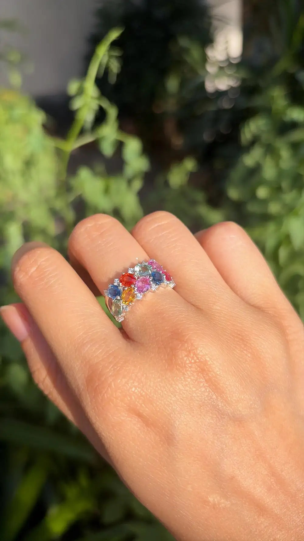 Natural Multi Sapphire & Diamond Band Ring - 18k White Gold Handmade Wedding Ring