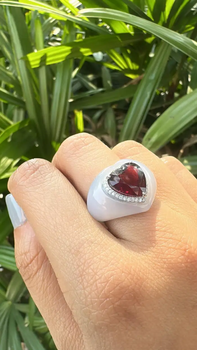 4.93 Heart Shape Rubellite & Chalcedony Anniversary Ring - 18k White Gold Diamond Cocktail Ring Main Image