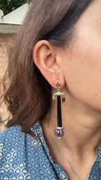 Natural Amethyst , Tourmaline & Black Onyx Dangle Earrings - 18k Yellow Gold Diamond Earrings