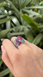 Natural Rubelite, Blue Sapphire, Ruby & Emerald Gemstone Cocktail Ring - 18k White Gold Diamond Ring