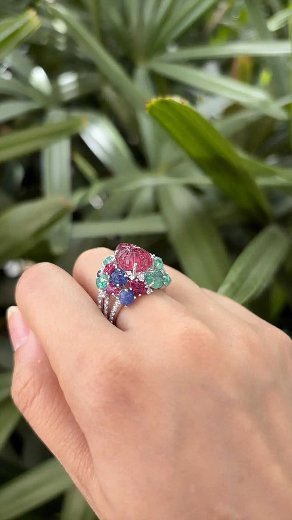 Natural Rubelite, Blue Sapphire, Ruby & Emerald Gemstone Cocktail Ring - 18k White Gold Diamond Ring