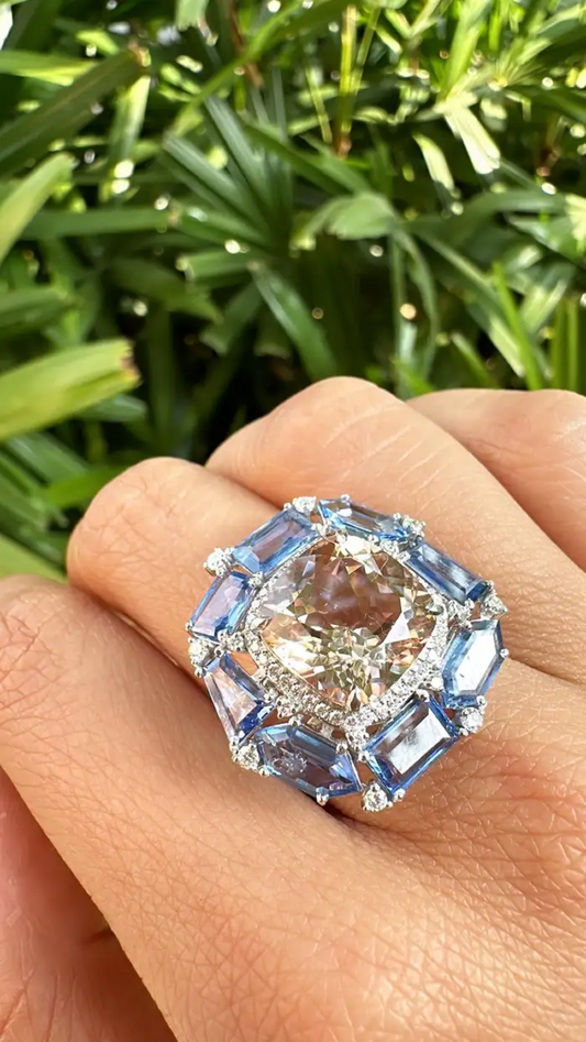 Natural Morganite & Blue Sapphire Gemstone Gold Ring - 18k White Gold Diamond Cocktail Ring