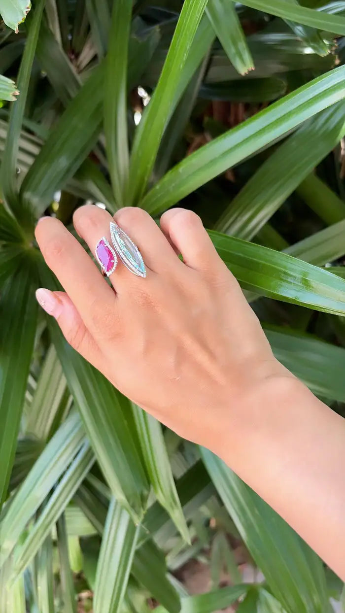 Natural Aquamarine & Mozambique Ruby Ring - 18k White Gold Diamond Ring