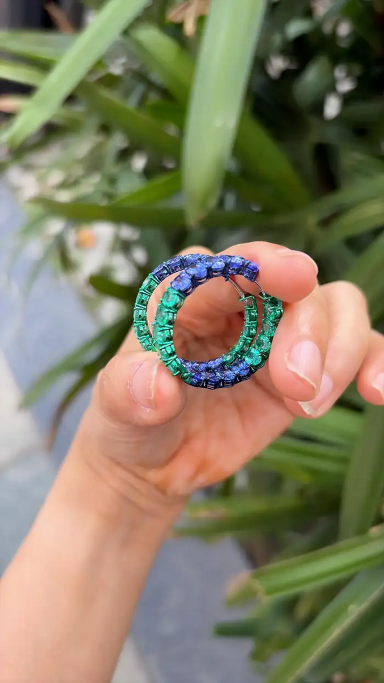Natural Emerald & Tanzanite Gemstone Hoop Earrings - 18k Gold Hoop Earrings
