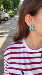 18k White Gold Diamond Stud Earrings - Natural Zambian Emerald Cabochons Earrings