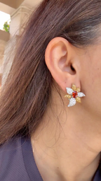 Orange & Yellow Sapphire Gemstone Stud Earrings - 18k White Gold Diamond Floral Stud Earrings